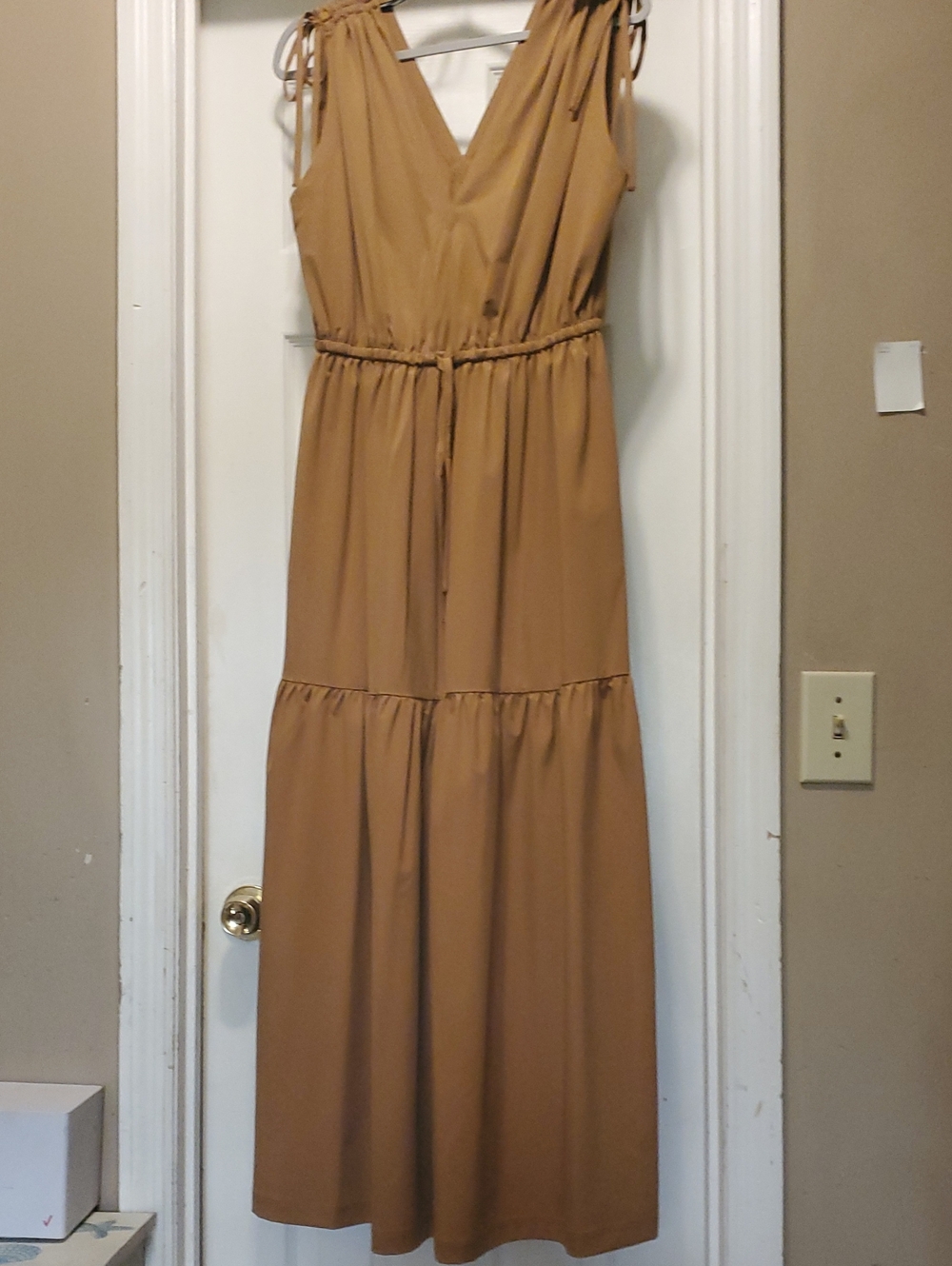 Calvin Klein Sleeveless V-Neck Tie-Waist Maxi Dress in Camel Brown